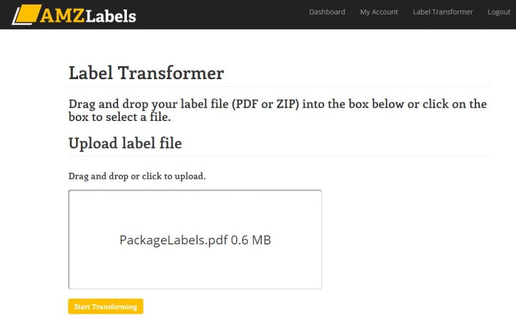 Amazon label transformer screen after upload.