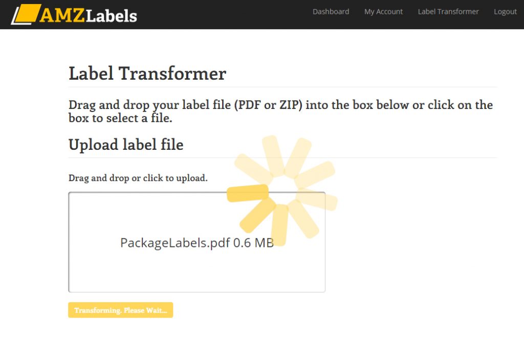 Amazon label transformer screen during upload.