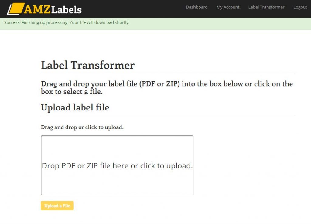 Amazon label transformer screen after successful upload.