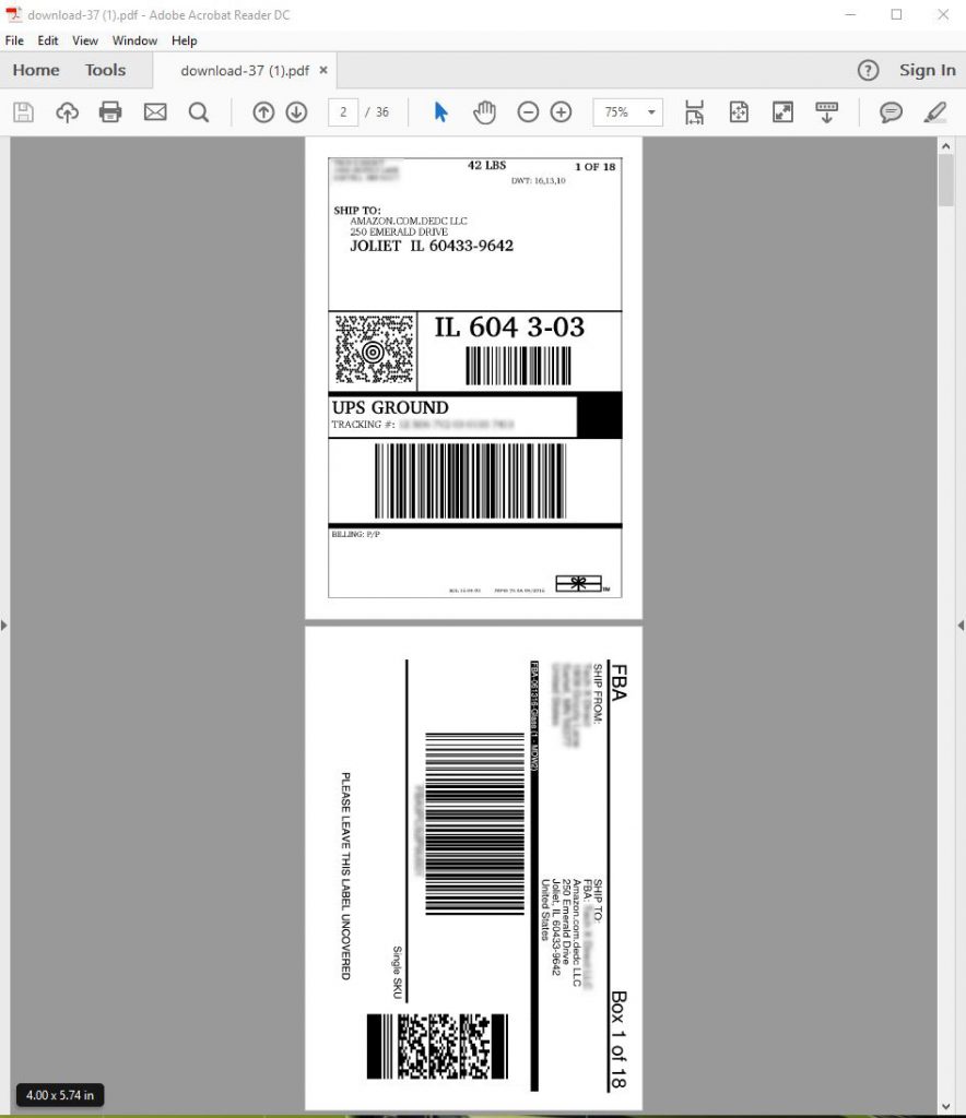 Amazon label service final result - 4”x6” PDF for thermal printer.